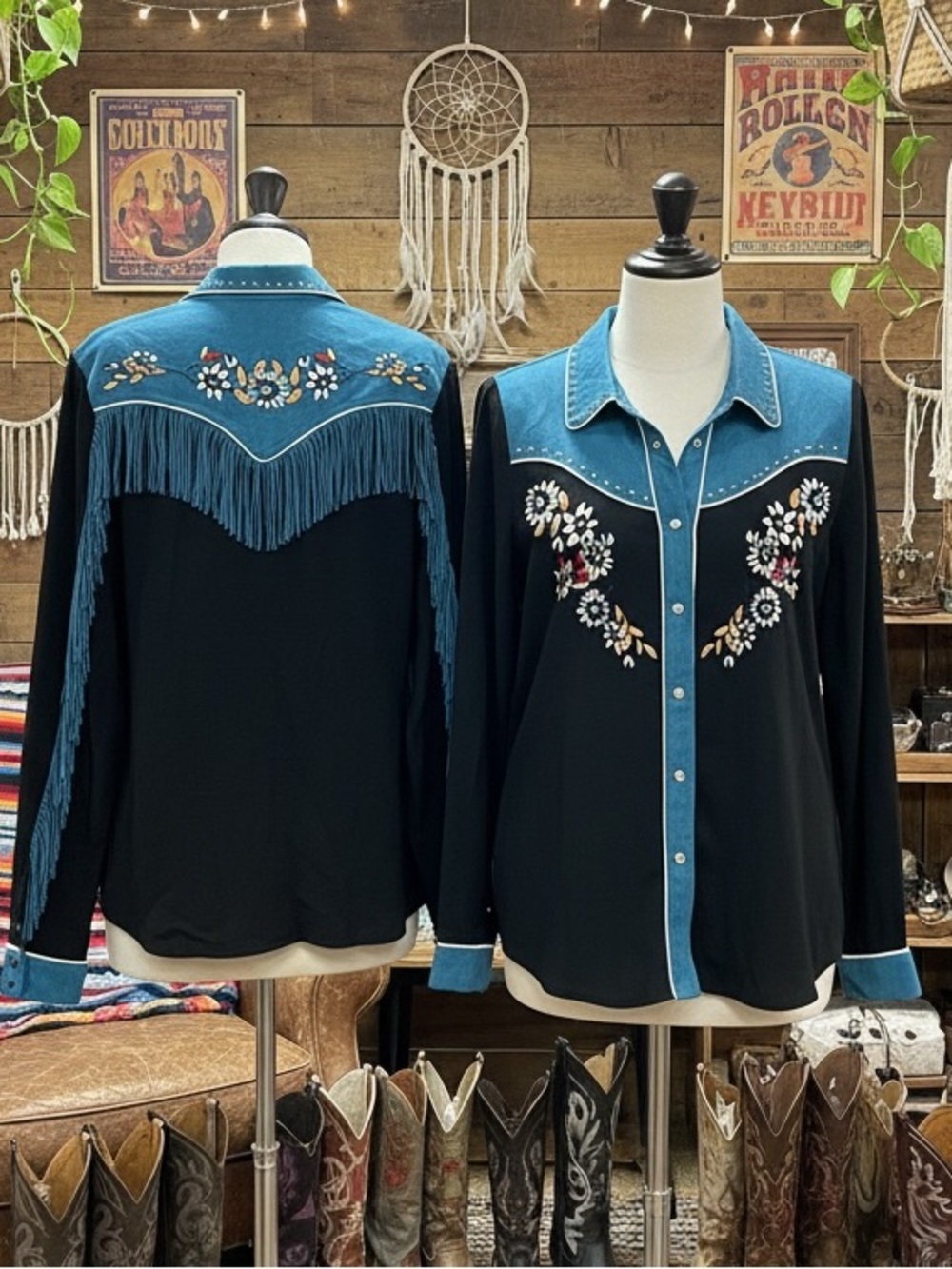 John Moon Western Fringe Embroidered Cowgirl Rodeo Boho Black Button Shirt
